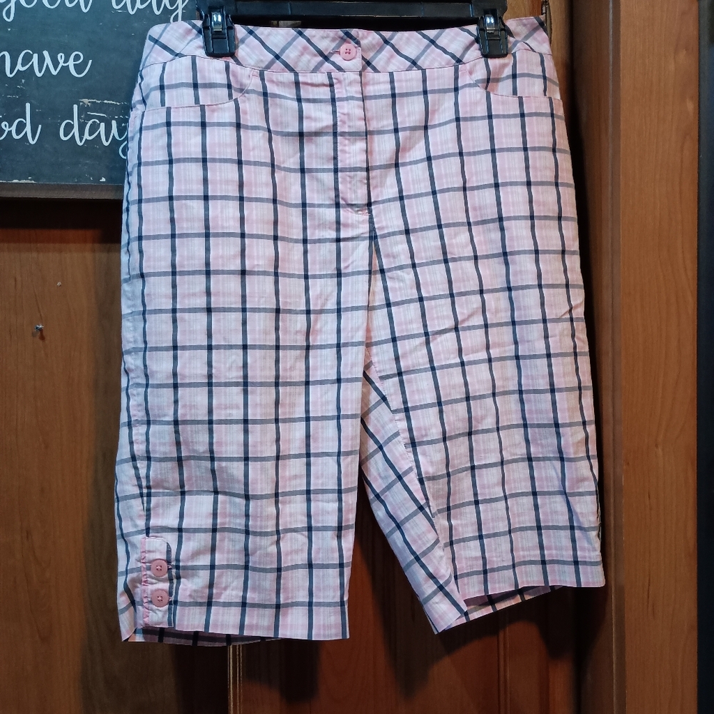 EP Pro Golf Long Bermuda Style Pink Plaid Button-Accent Shorts Size 10